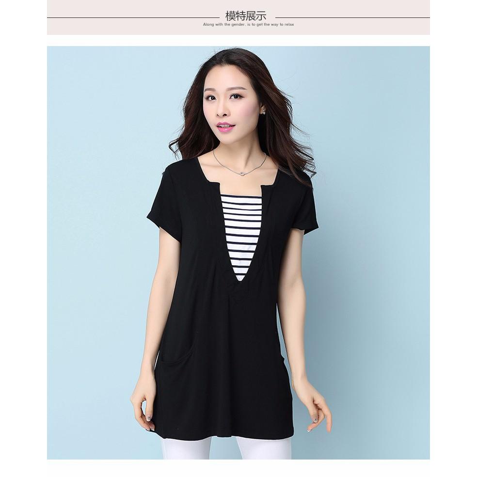 TK186N-ÁO THUN FORM DÀI PHỐI SỌC 2 TÚI S-6XL