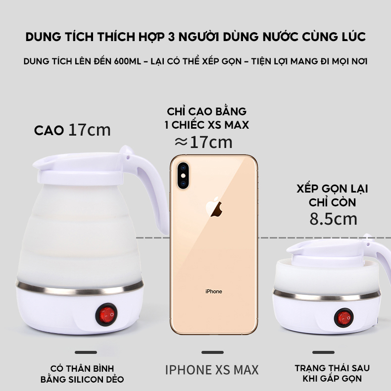 Ấm Đun Nước Siêu Tốc Xếp Gọn Dây Dài 0.8 Mét Công Tắc Bật Dễ Sử Dụng