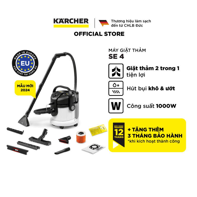 (Sản xuất Châu Âu) Máy giặt thảm Karcher SE 4 - Công suất 1000W - Làm sạch thảm và hút bụi đa năng dùng cho gia đình - Hàng Chính Hãng