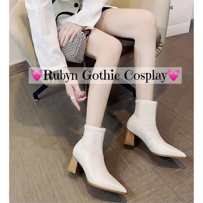 Giày Boot cao gót mũi nhọn đế vuông màu trắng kem hottrend ( Size 35 - 39 )