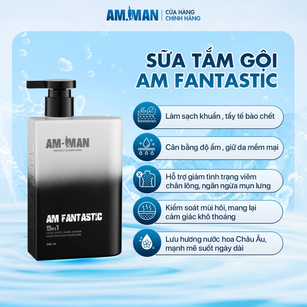 Combo tinh hoa nam giới AM MAN: Sữa tắm gội nam AM FANTASTIC 5in1 365ml &amp; Gel rửa mặt AM AGERASIA 100ml &amp; Bọt vệ sinh nam AM CHERISH 120ml kèm hộp túi làm quà tặng