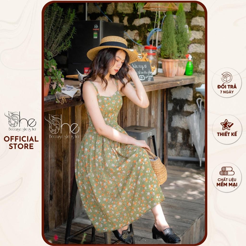 Đầm 2 dây xếp li hoa She, váy 2 dây dáng xòe VINTAGE đi chơi đi biển SDX34