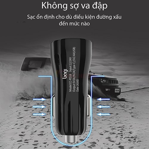 Cốc sạc xe hơi Bagi 1USB 1Type-C 18W CC-PD18