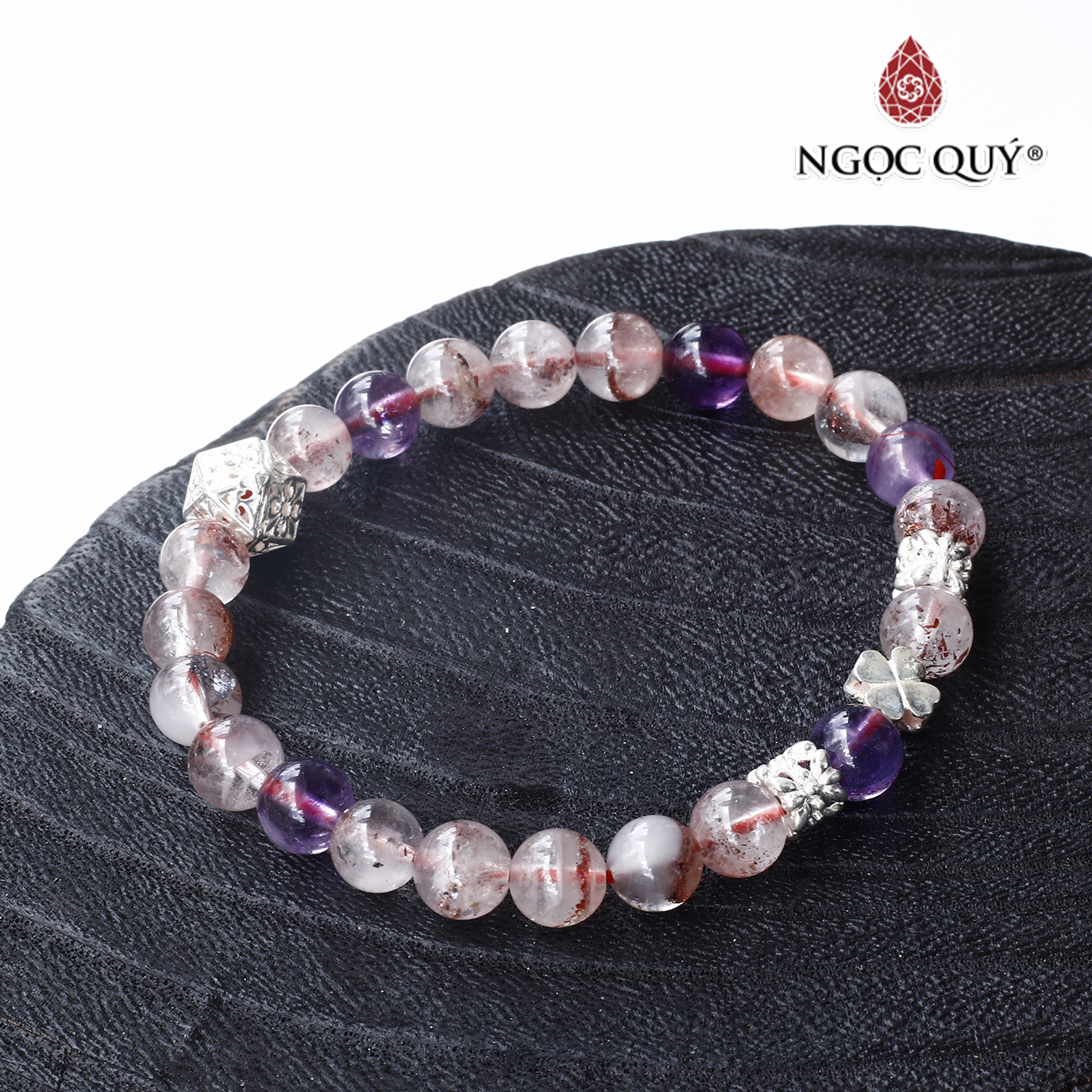 Vòng đá super seven phối charm cỏ 4 lá bạc - Ngọc Quý Gemstones