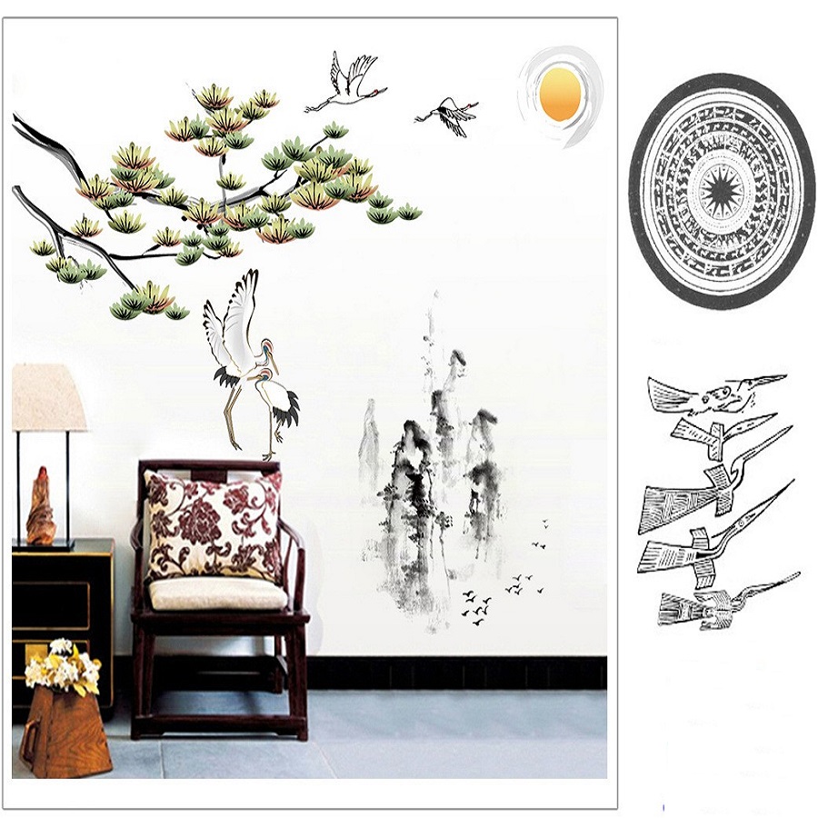 Decal dán tường trang trí phong cảnh nên thơ ĐÔI CHIM HẠC - NÚI NON HÙNG VĨ
