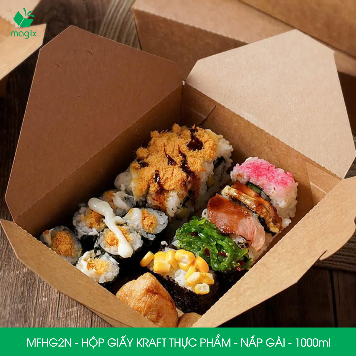 MFHG2N - 25 hộp giấy kraft thực phẩm 1000ml, hộp giấy nắp gập màu nâu đựng thức ăn, hộp giấy nắp gài gói đồ ăn mang đi