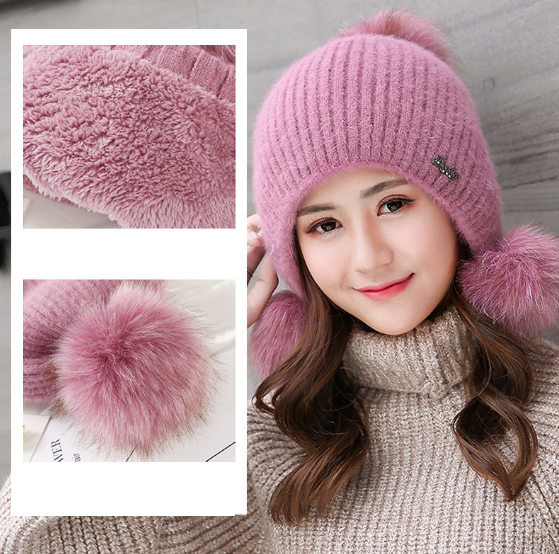 Mũ len nữ quả bông lông thỏ cao cấp mới, nón len trùm đầu cho nữ phong cách Hàn