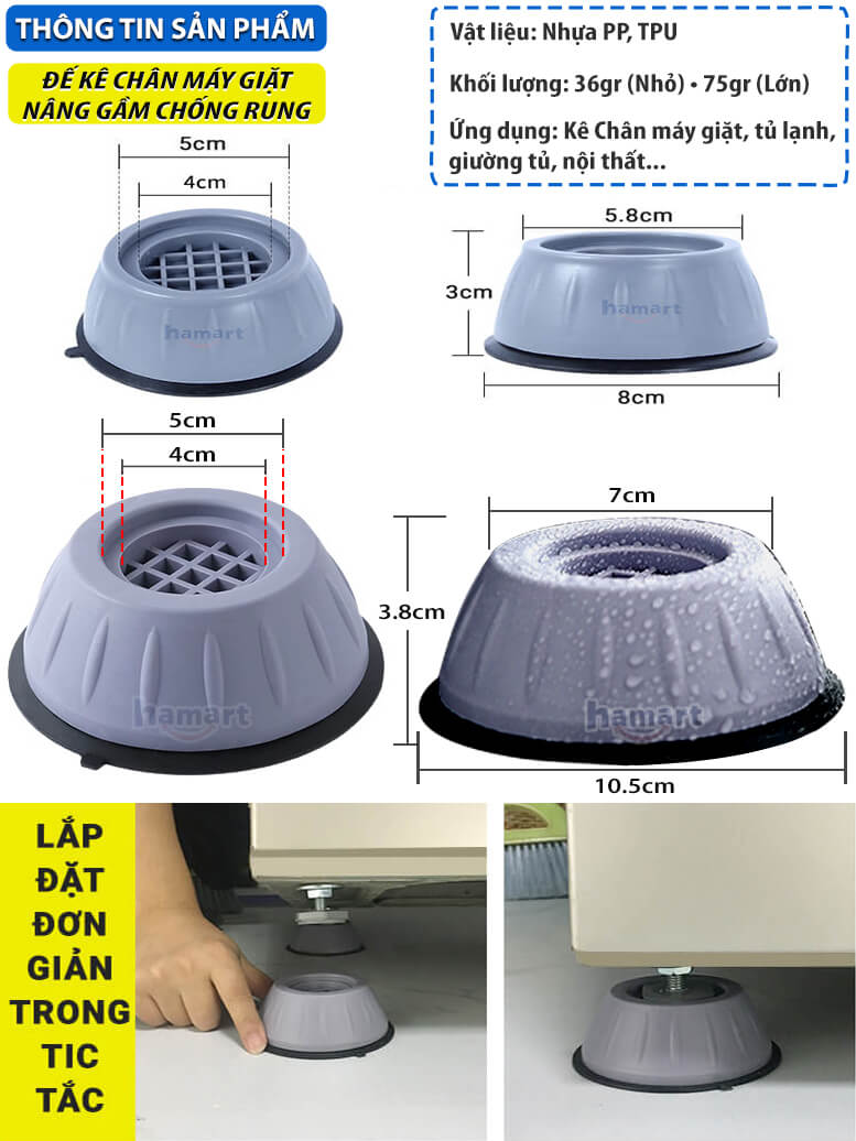 COMBO 4 Đệm Lót Chân Máy Giặt 10.5CM Cỡ Lớn Nâng Gầm Chống Rung Đế Kê Tủ Lạnh Nội Thất Đa Năng