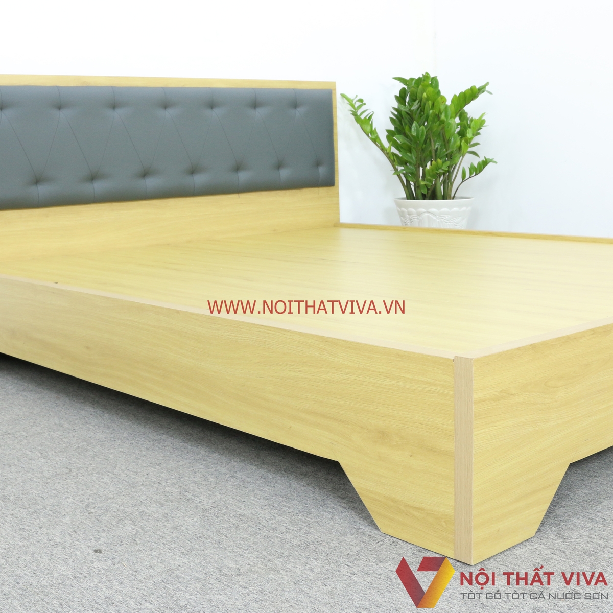 Giường Ngủ Gỗ MDF Chân Cao Đầu Nệm Xanh Đậm