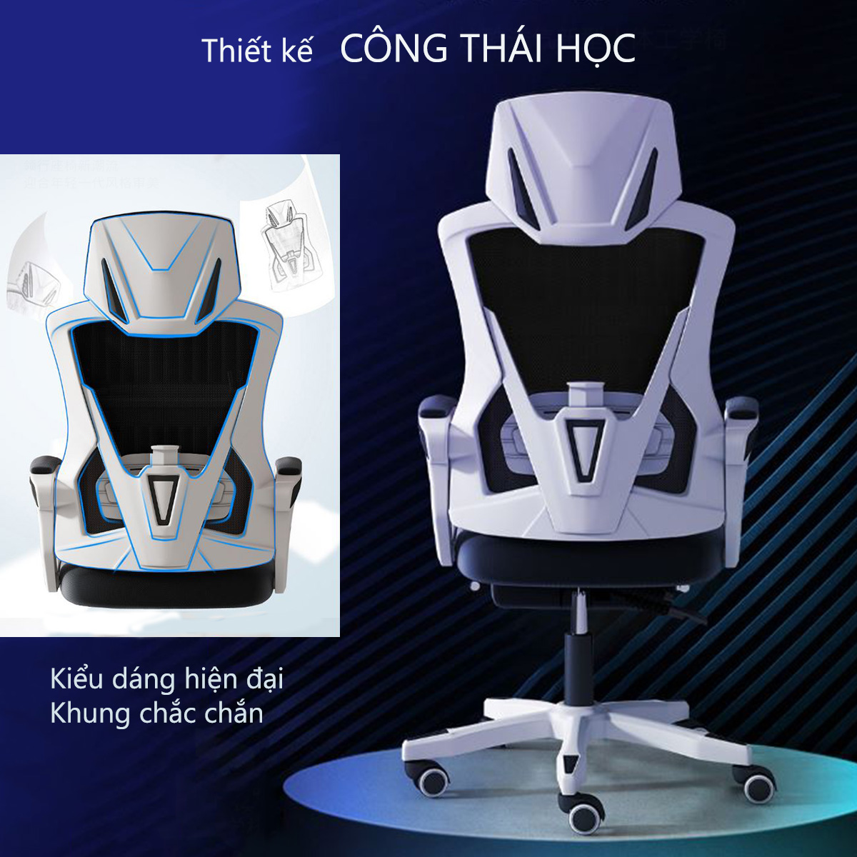 Ghế Xoay Văn Phòng, Ghế Công Thái Học, Ghế Làm Việc 2 trong 1 - Tựa Đầu 3D, Lưng ghế có thể ngả 145°, Tay Vịn cánh cung, Có Trợ Lực Vùng Eo Thắt Lưng, Vải Dệt Thoáng Khí &amp; Cao Su Đàn Hồi, Bảo Vệ Cột Sống - Hàng Chính Hãng