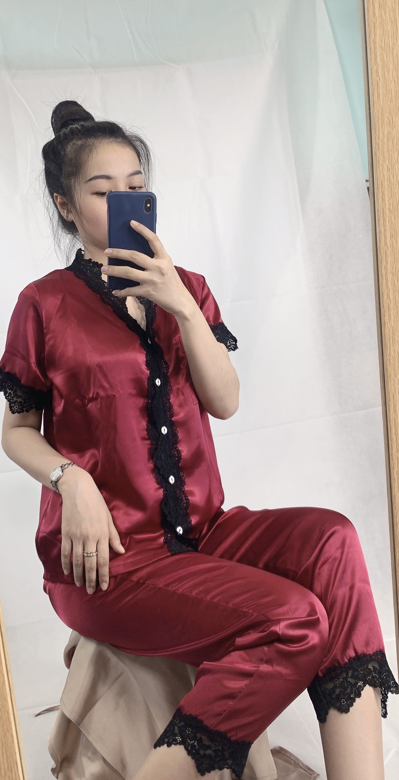 Pijama nữ chất vải lụa - viền ren - đồ mặc nhà quần dài