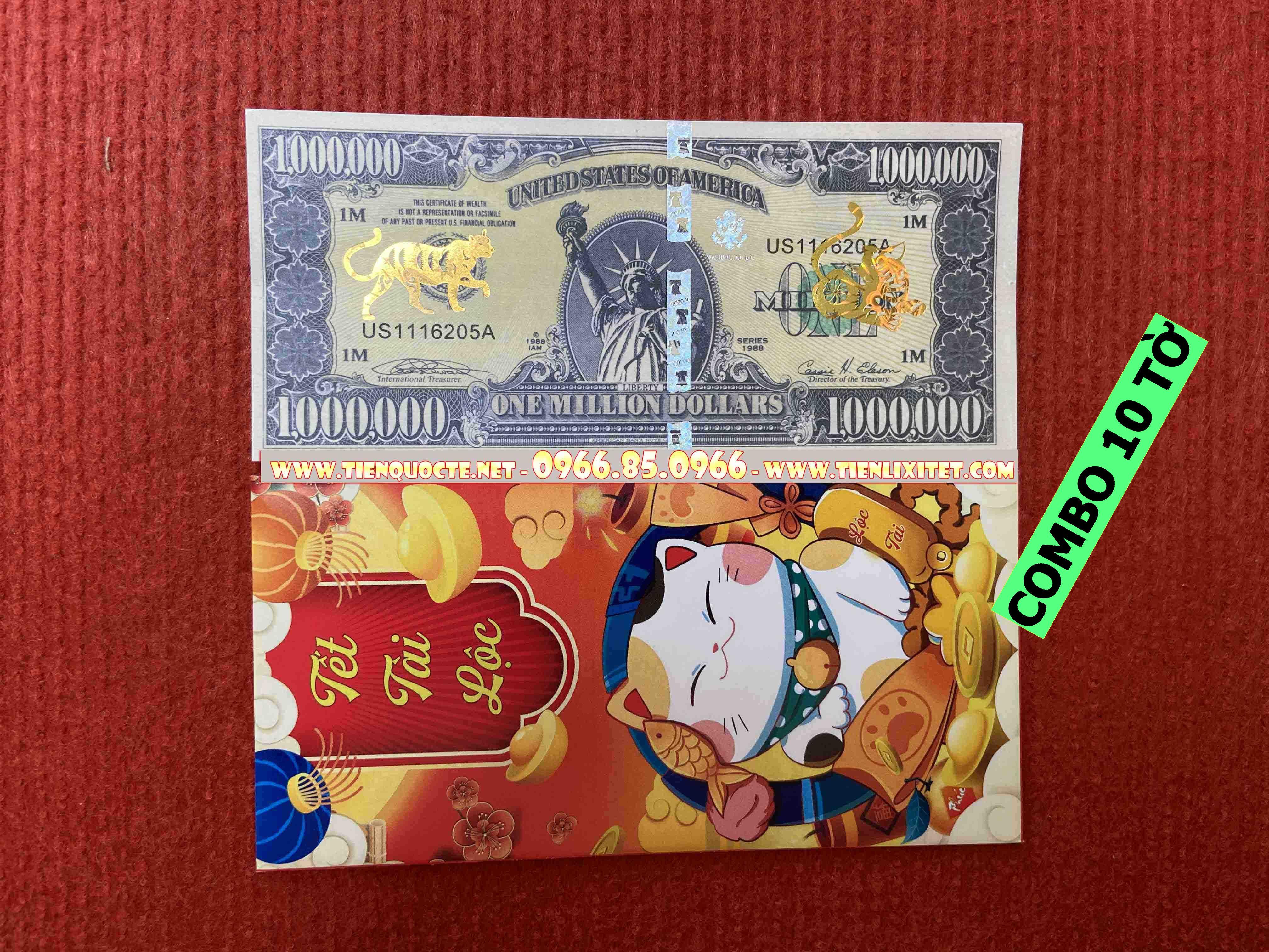 Lot 10 tấm Lì xì tiền 2023 tấm tiền 1 triệu do in hình con mèo gây sốt Tết 2023 đi cùng phong bao đỏ CQTLNLGD01729