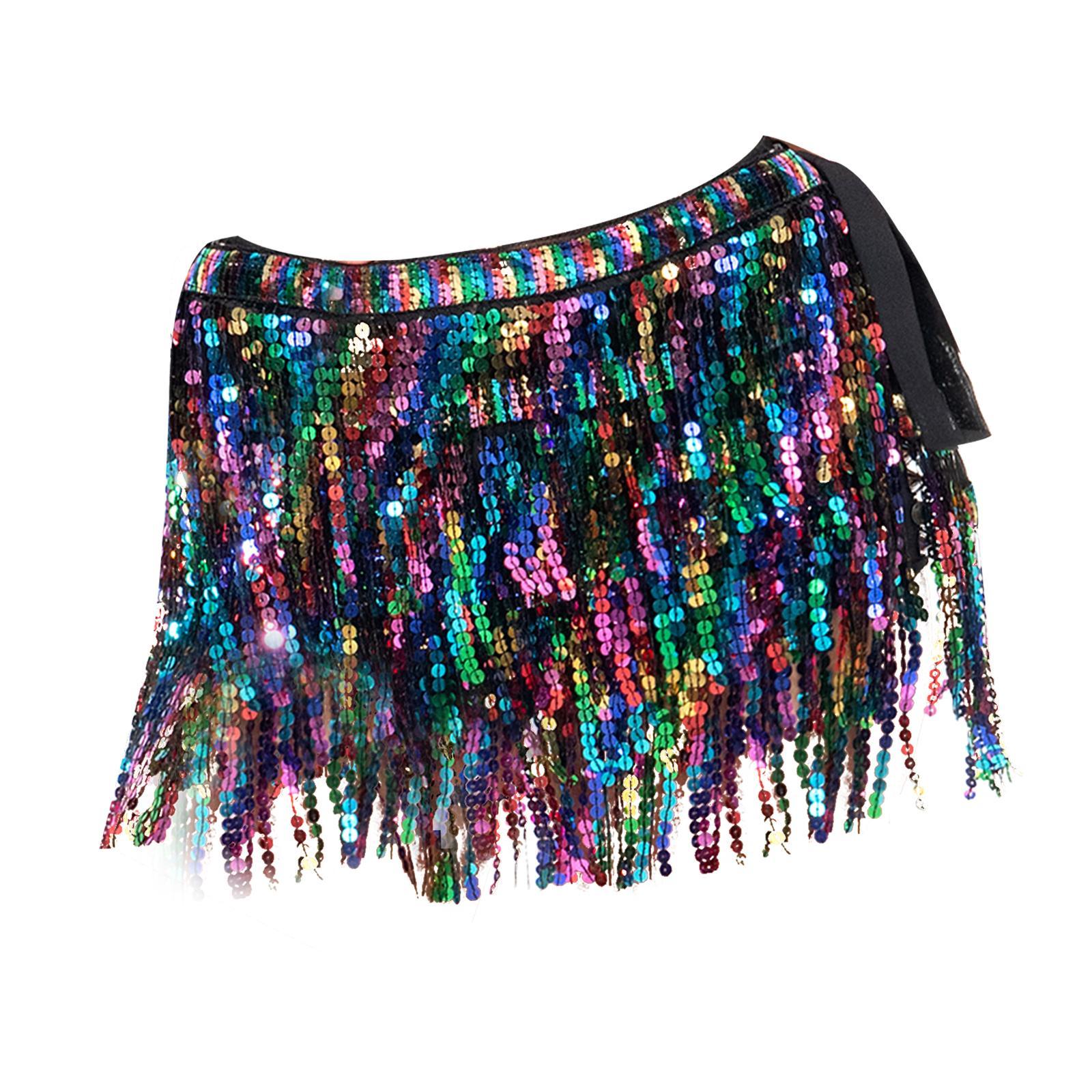 Women Belly Dance Hip Skirt Tassel Scarf Belt Latin Samba Sequin Wrap Dress