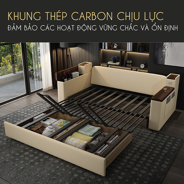 Giường Sofa Thông Minh, Vải Nano Tay Gỗ Óc Chó Cao Cấp Có Cổng Sạc Tiện Lợi - Sofa Gấp Gọn Đa Năng Phong Cách Châu Âu