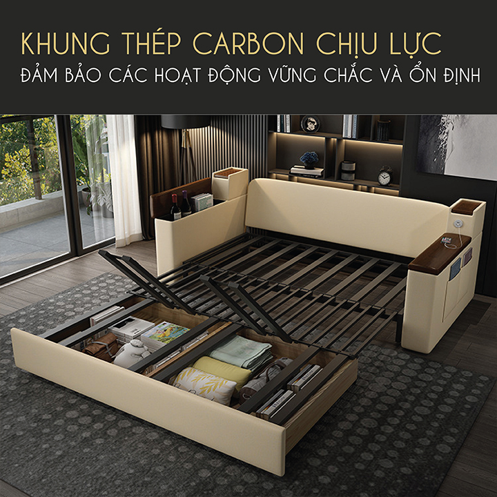 [ Nhập Khẩu ] Giường Sofa Thông Minh, Vải Nano Tay Gỗ Óc Chó Cao Cấp Có Cổng Sạc Tiện Lợi - Sofa Gấp Gọn Đa Năng Phong Cách Châu Âu