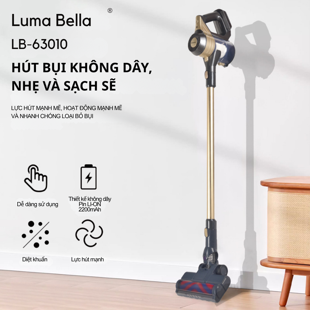 Máy hút bụi cầm tay công suất cao 3000W, SẠC PIN KHÔNG DÂY 2200mAh lực hút mạnh mẽ hút mọi bụi bẩn Lumabella LB-63010 - HÀNG CHÍNH HÃNG