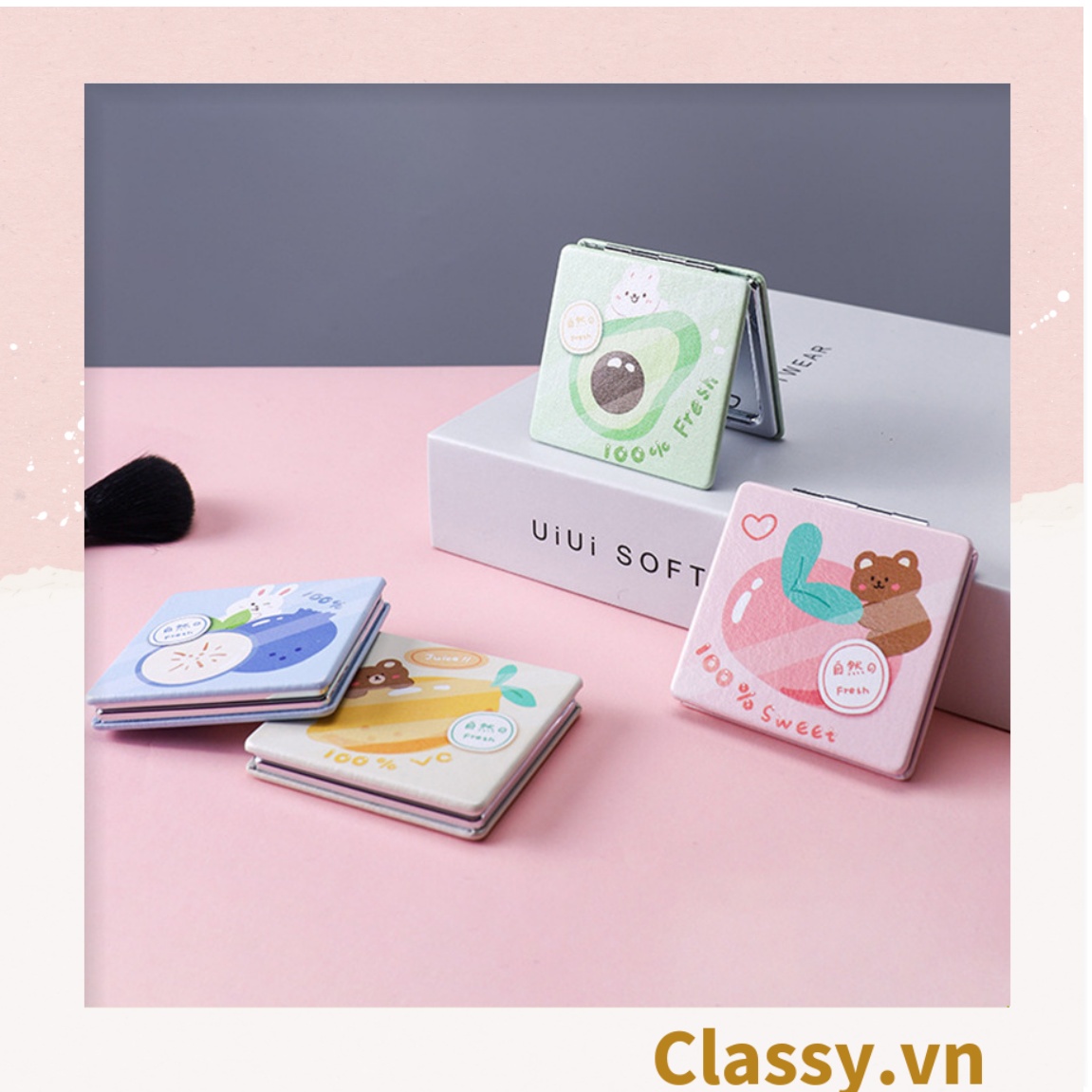 Gương trang điểm cầm tay mini 2 mặt bỏ túi, Gương cầm tay mini Hàn Quốc siêu cute, Gương hoạt hình PK570