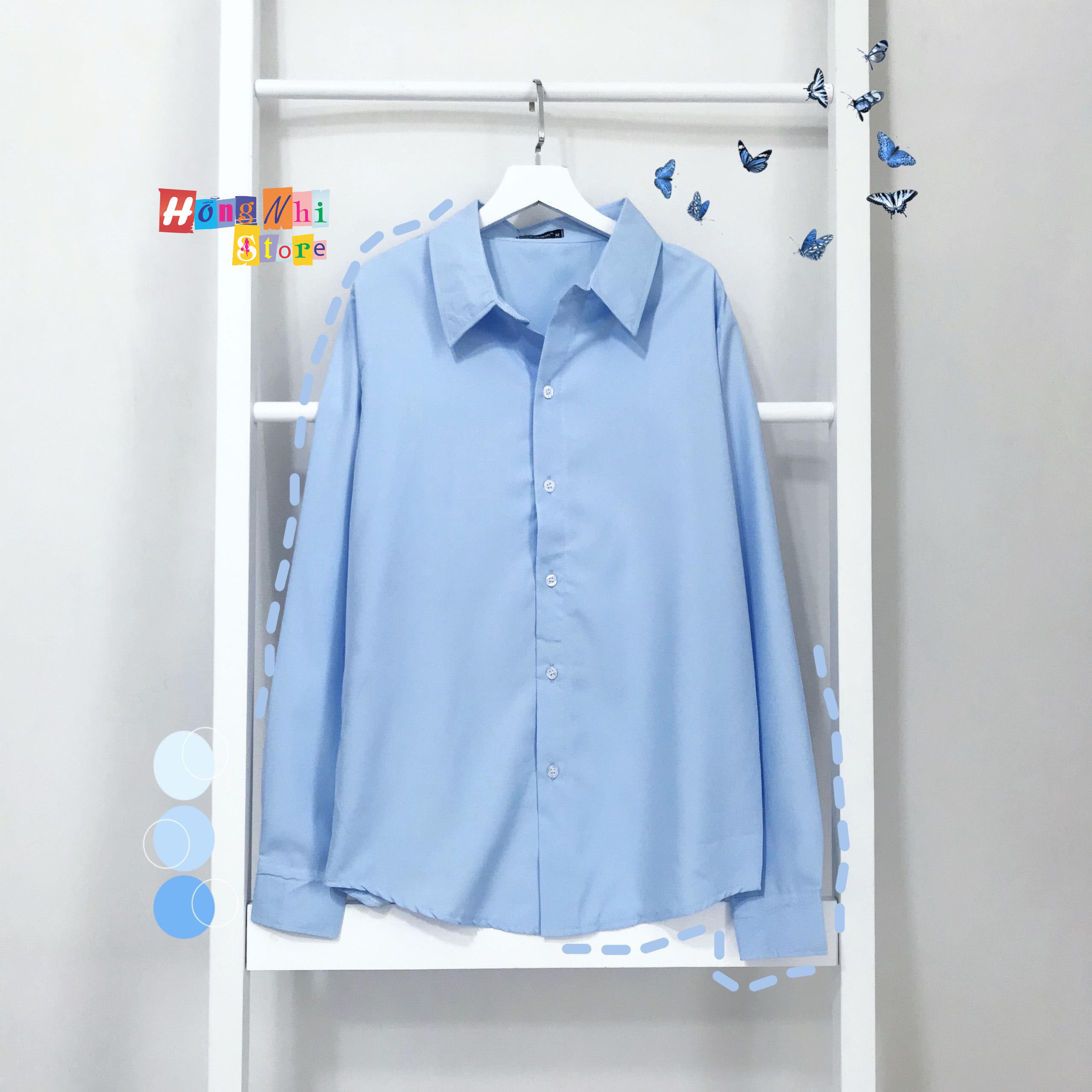 Áo Sơ Mi Trơn Dáng Rộng Tay Dài Xanh Dương Dáng Rộng Unisex - MM