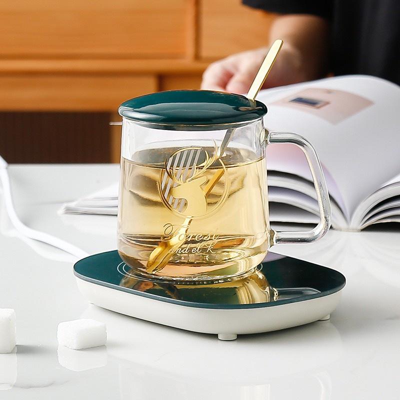 Cốc Hâm Nóng Thủy Tinh Trong Suốt Hình Hươu Kèm Đế Điện Thìa Mạ Vàng Cao Cấp