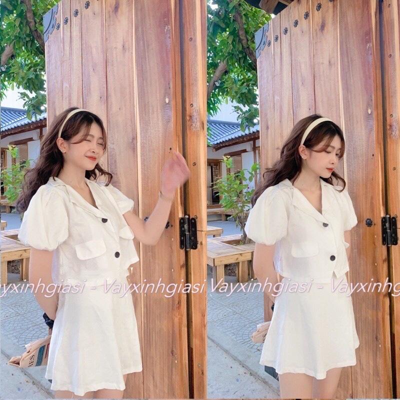 Set croptop áo sơmi cổ vest tay bồng kèm chân váy
