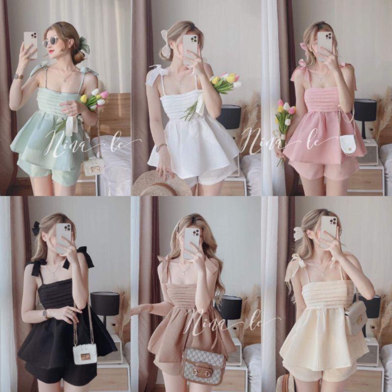 SET ÁO 2 DÂY THẮT NƠ BABYDOLL PHỐI QUẦN NGẮN MÀU PASTEL