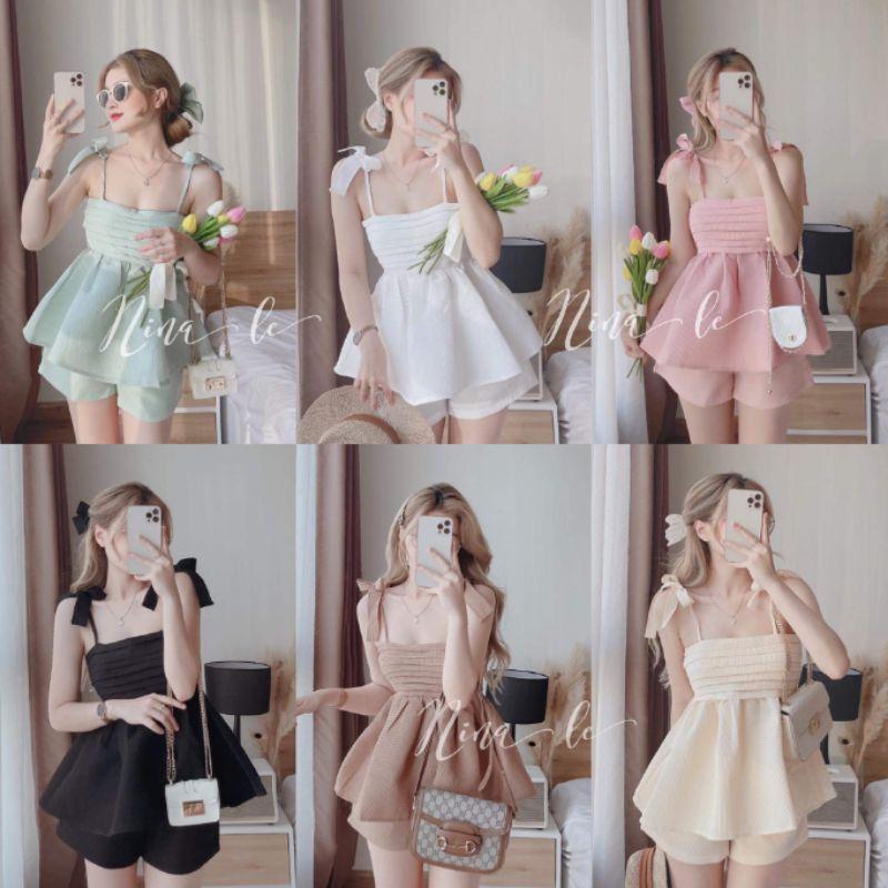 SET ÁO 2 DÂY  THẮT NƠ BABYDOLL PHỐI QUẦN NGẮN MÀU PASTEL