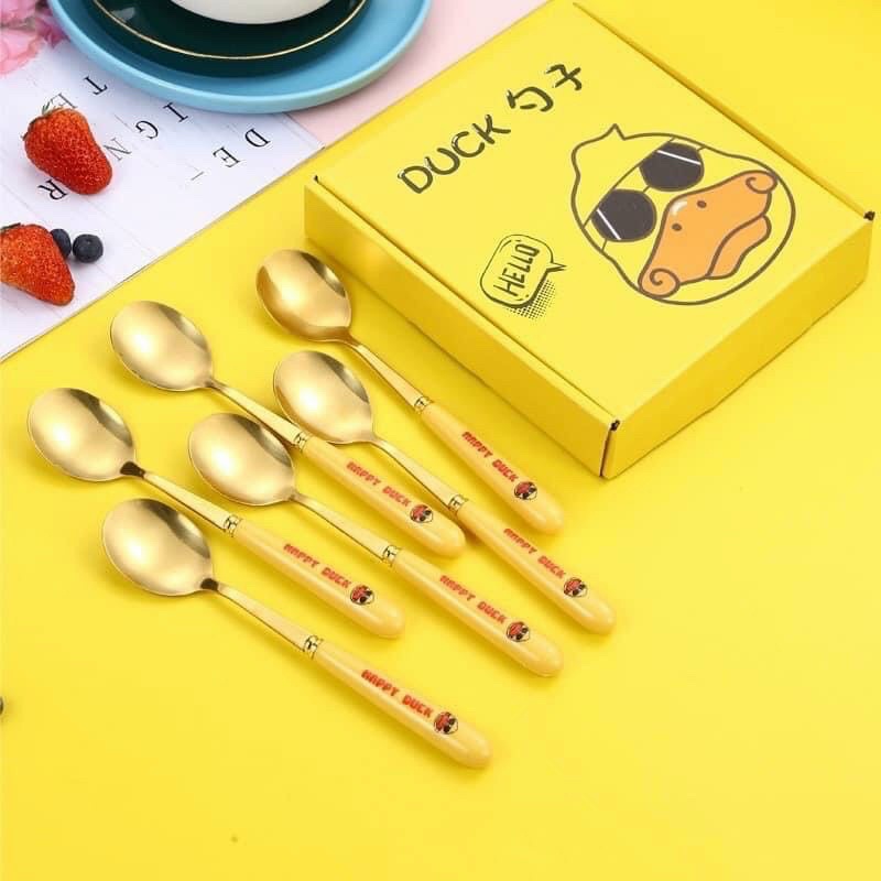 Bộ 6 Thìa Muỗng Vàng Happy Duck Mạ Vàng Cán Dài Full Box