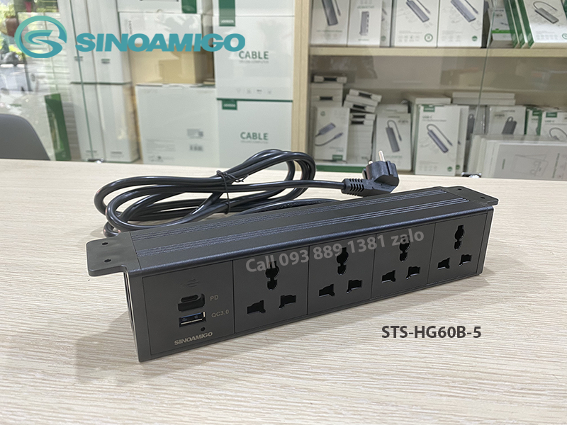 Sinoamigo STS-HG60B-5: Hộp ổ cắm Âm Bàn Hiện Đại Với Thiết Kế Lắp Âm Dưới Bàn - Tích hợp 4 ổ cắm đa năng, 1 cổng sạc USb type C (PD) và 1 cổng sạc USB type A (QC-3.0) - Hàng chính hãng