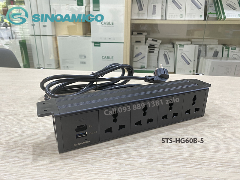 Sinoamigo STS-HG60B-5: Hộp ổ cắm Âm Bàn Hiện Đại Với Thiết Kế Lắp Âm Dưới Bàn - Tích hợp 4 ổ cắm đa năng, 1 cổng sạc USb type C và 1 cổng sạc USB type A - Hàng chính hãng