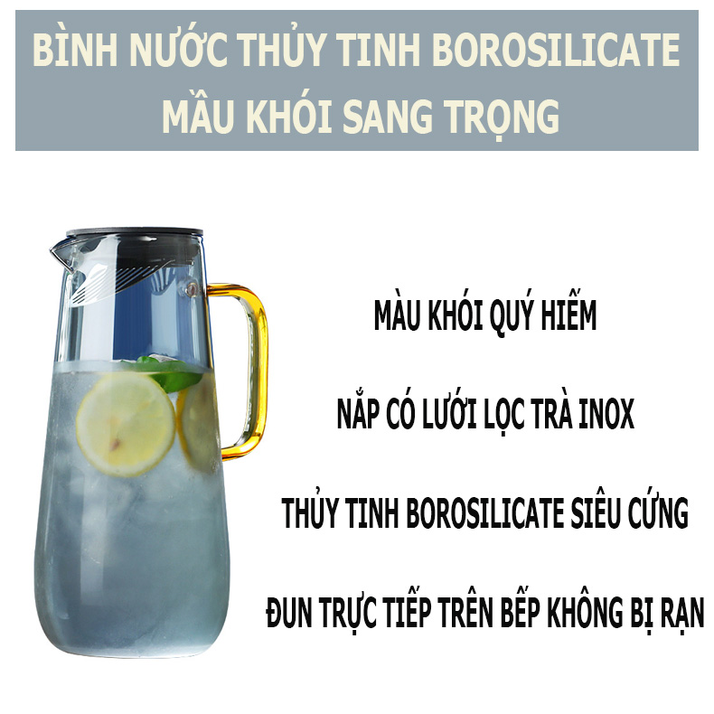 Bộ Bình Nước Thủy Tinh Borosilicat Màu Khói Sang Trọng ( 6 Cốc Thủy Tinh + Khay)