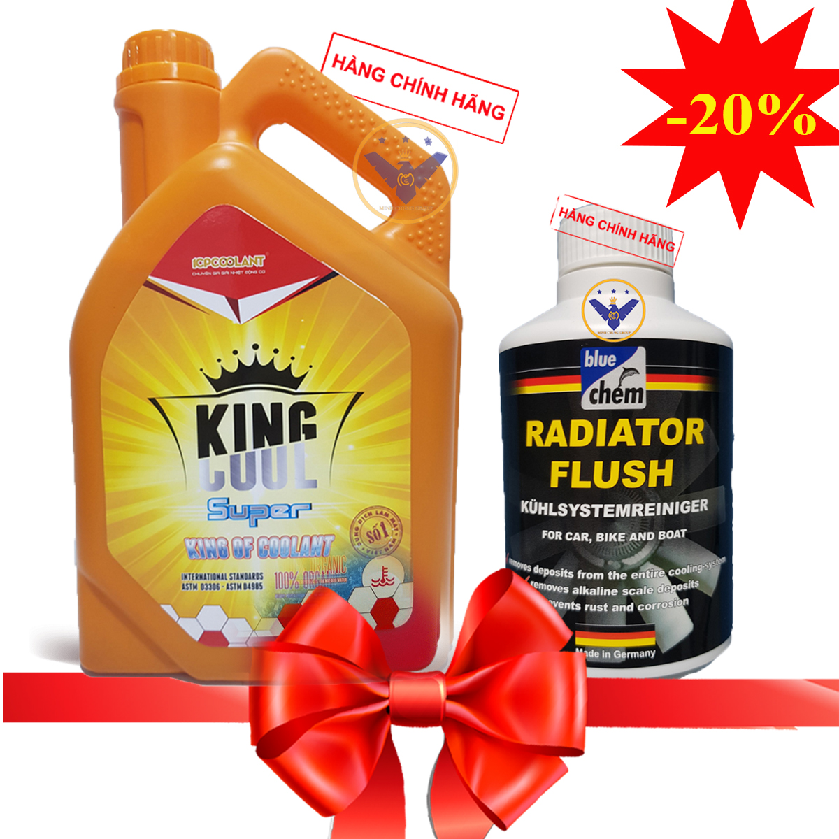 Nước làm mát xe ô tô KINGCOOL SUPER 4L màu đỏ + súc két nước BLUECHEM 300ml