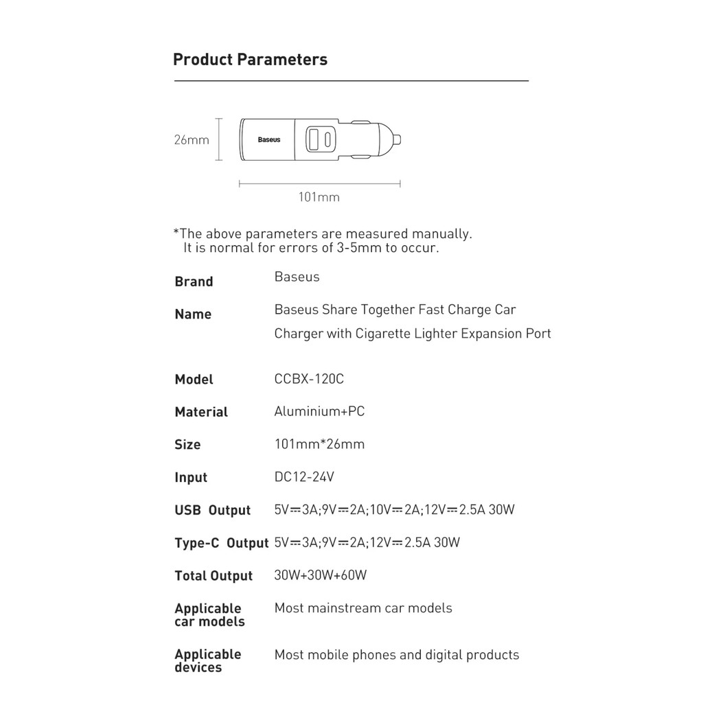 [USB+Type-C + Socket ] Đầu sạc điện thoại 120W trên Xe Baseus CCBX-120C _ Hàng chính hãng