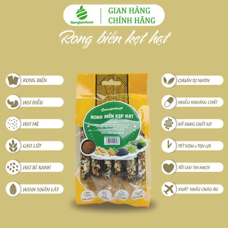 Thanh rong biển kẹp hạt KHÔNG ĐƯỜNG Nonglamfood túi 95g 7 thanh | Rong biển kẹp hạt giòn rụm, ăn vặt, ăn kiêng healthy