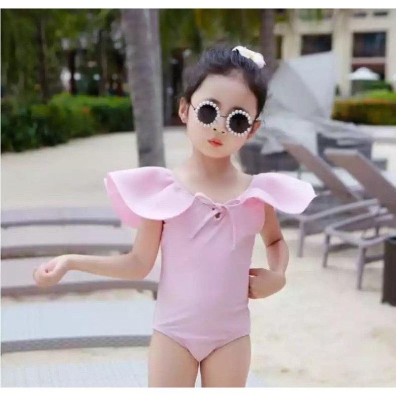 Đồ bơi trẻ em dành cho bé gái Bikini liền thân bèo cổ hoa hồng hở lưng cột nơ (tặng kèm nón bơi