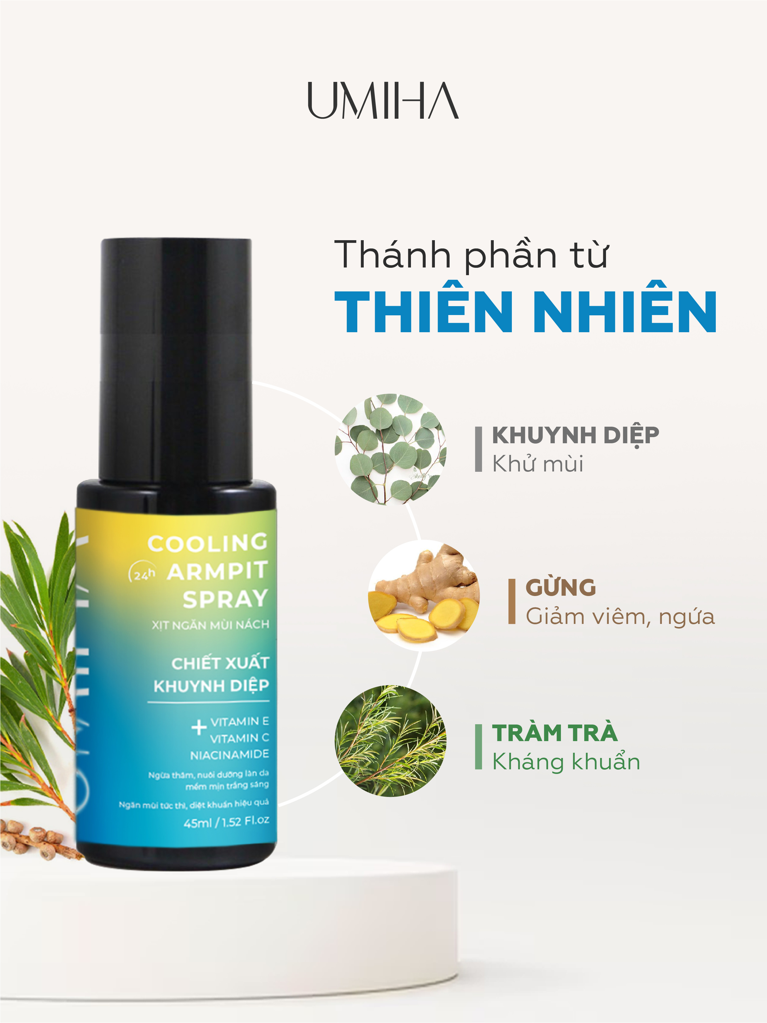 Xịt ngăn mùi nách trắng nách UMIHA (45ml) - Xịt khử mùi thay lăn khử mùi hôi nách, giúp trắng da nách, ngừa thâm nách