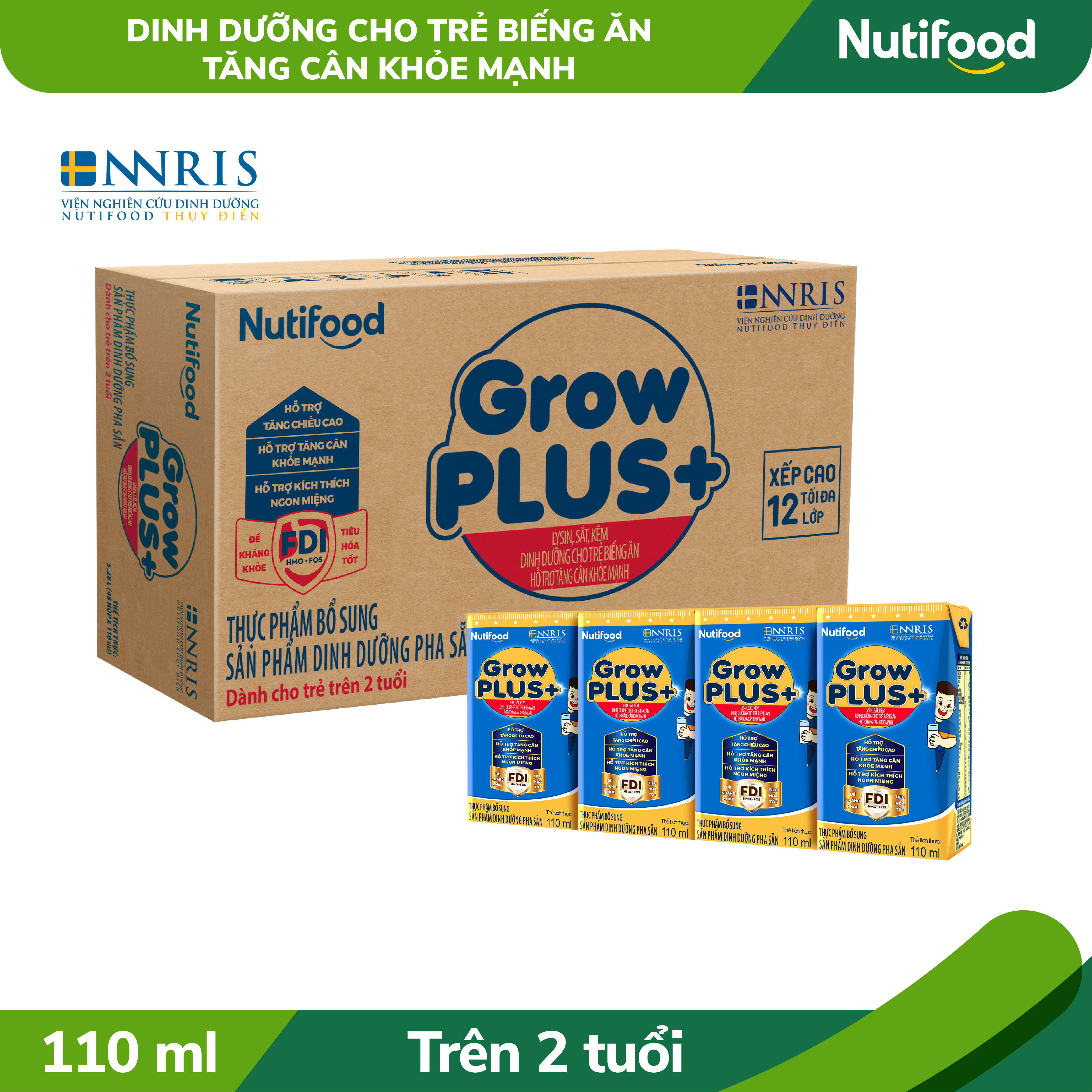 Thùng Sữa bột pha sẵn GrowPLUS+ Biếng ăn (XANH) cho trẻ tăng cân khoẻ mạnh (Trên 2 tuổi) (48 hộp x 110ml)
