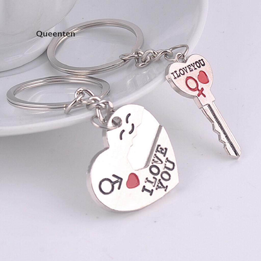 Queenten 2pcs Fashion Love Heart Key Ring Keyfob Couples Romantic Keychain Lover Gift  QT