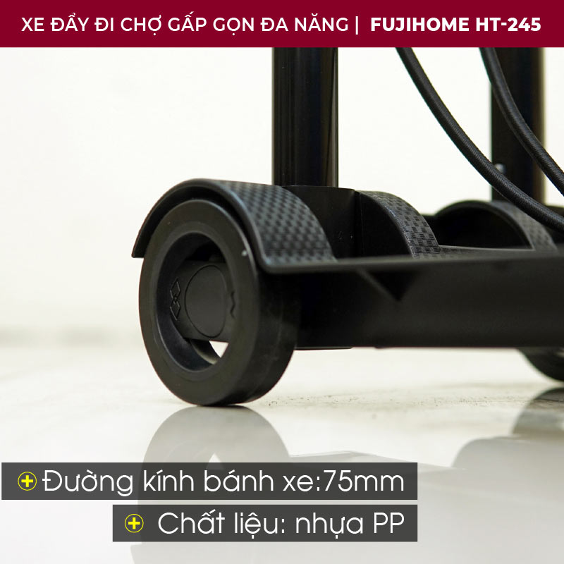 Xe đẩy hàng gấp gọn đi chợ 45kg (có dây buộc) Nhật Bản Fujihome HT-245, xe kéo hàng chung cư đi chợ nhỏ gập gọn mini siêu thị đa năng market trolley