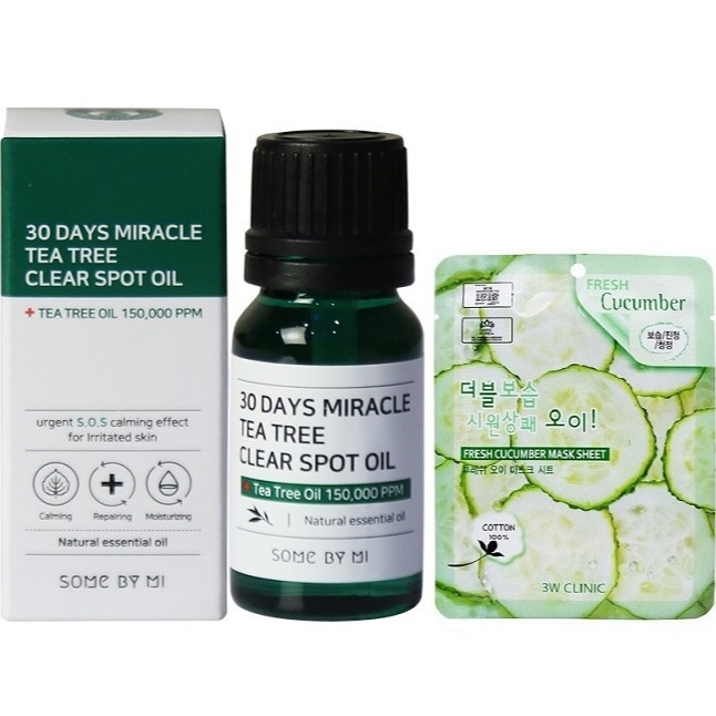 Tinh Dầu Tràm Trà Làm Giảm Mụn Và Ngăn Ngừa Mụn Some By Mi 30 Days Miracle Clear Spot Oil 10ml + Tặng kèm 1 mặt nạ dưỡng da Dưa leo 3W Clinic