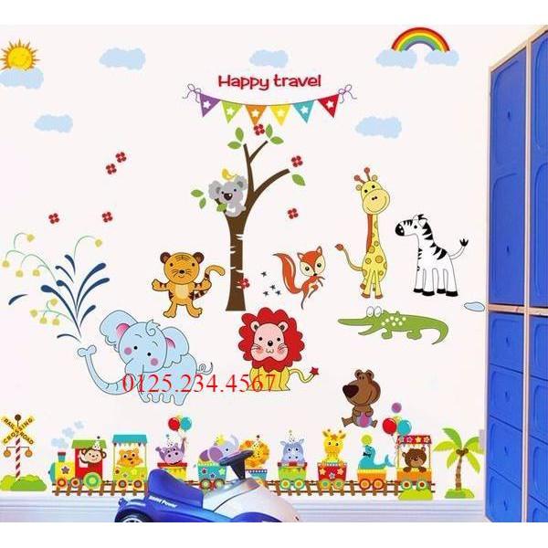 Decal dán tường Combo Vườn thú kaola + đoàn tàu happy travel