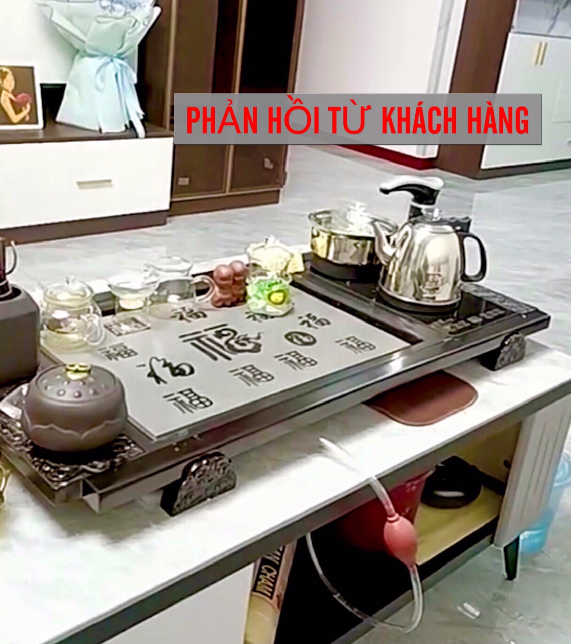 Bàn trà điện đa năng thông minh , khung gỗ mặt đá sứ ,bếp đun nước tự động cảm ứng hai lớp cách nhiêt chống bỏng , Ấm chén trà gốm sứ tùy chọn một bộ đủ món như hình