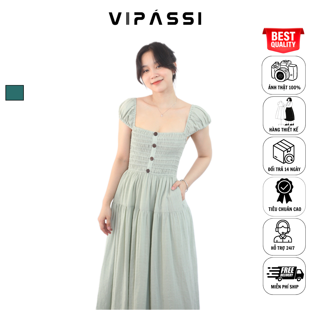 VIPÁSSI Đầm Linen Cộc Tay Dáng Dài Trễ Vai Nhún Thun Smocking Tùng Xòe Màu Xanh Bạc Hà