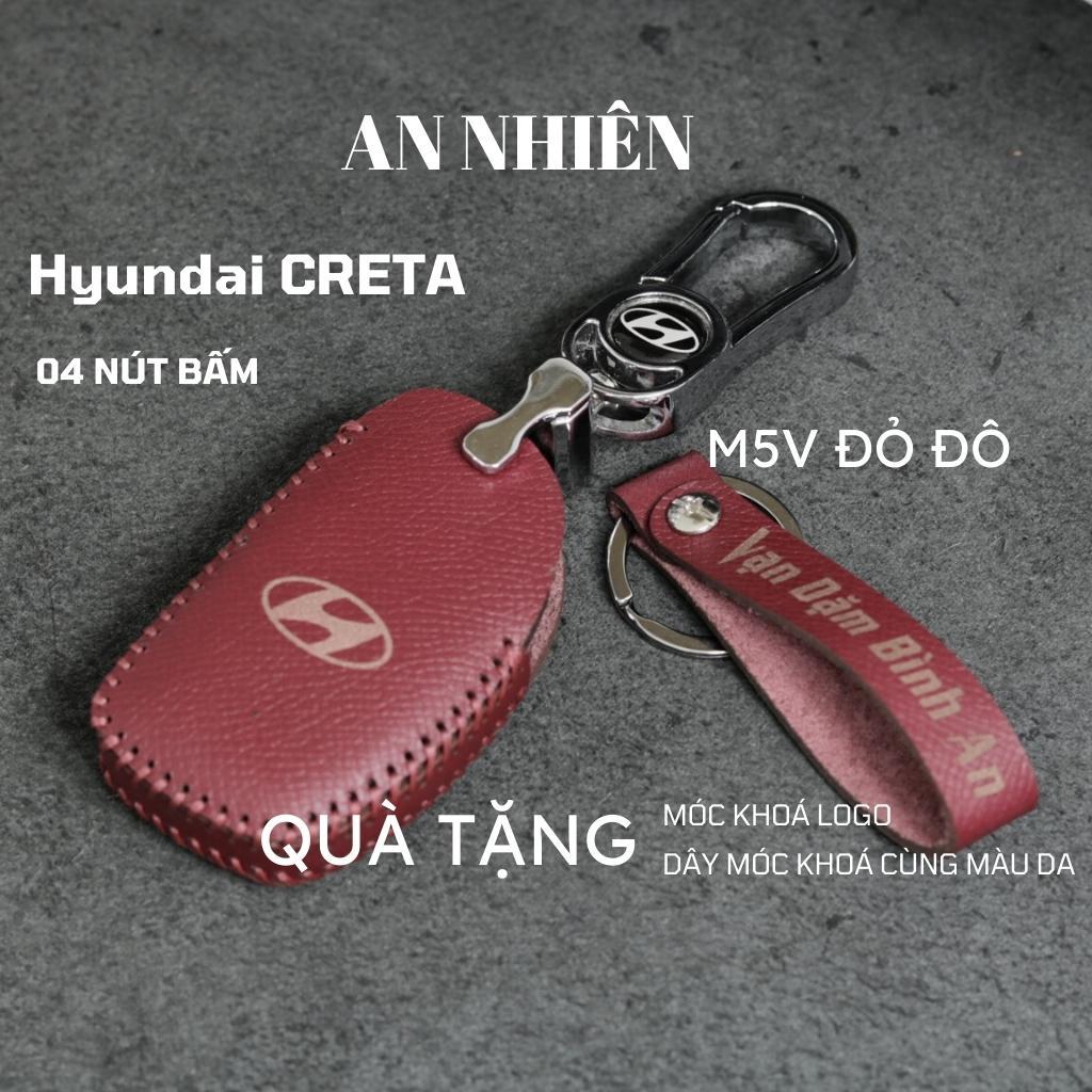 Bao da dành cho móc khoá bọc ốp chìa khóa xe ô tô Hyundai Stargazer, Creta 2022 chìa thông minh 4 nút bấm, da bò, nhiều màu, Hyundai7B