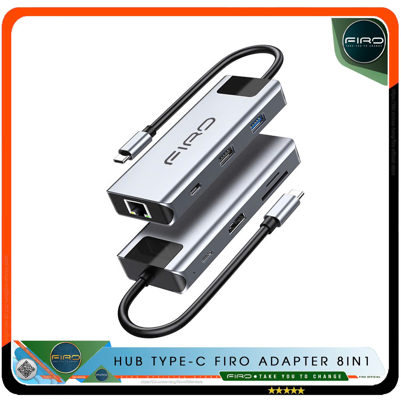 Hub Type-C FIRO 8in1 - Hub Chuyển Đổi Type-C To HDMI 8in1 Chuẩn HDTV - 1 Cổng HDMI 4K, 2 Cổng USB 3.0 / 2.0, 2 Khe Đọc Thẻ TF / SD, 2 Cổng PD / USB-C, 1 Cổng Mạng Lan - Kết Nối Tốc Độ Cao - Dùng Cho Smartphone/Laptop/PC/Tivi/Playstation - Hàng Chính Hãng