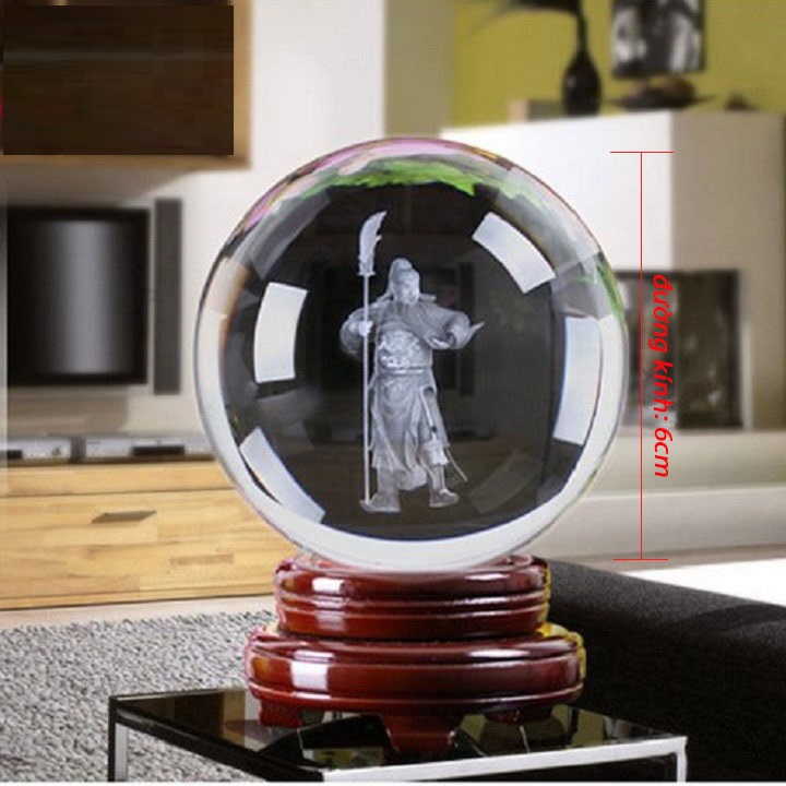 Quả cầu pha lê khắc Quan Công chống đao 3D kèm đế pha lê trang nhã