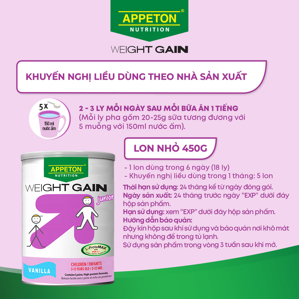 Combo 3 Sữa Tăng Cân cho Trẻ Em Appeton Weight Gain Junior hương Vanila 450g