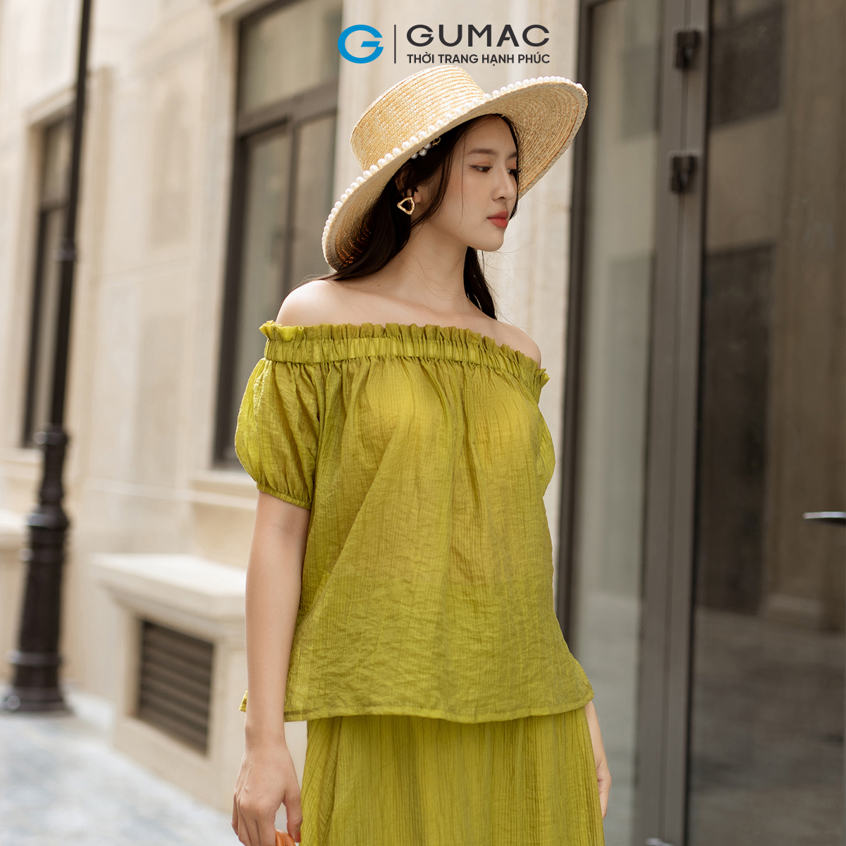 Set lẻ Áo trễ vai tay bí GUMAC AD05003 - Chân váy xòe lưng thun VD05005