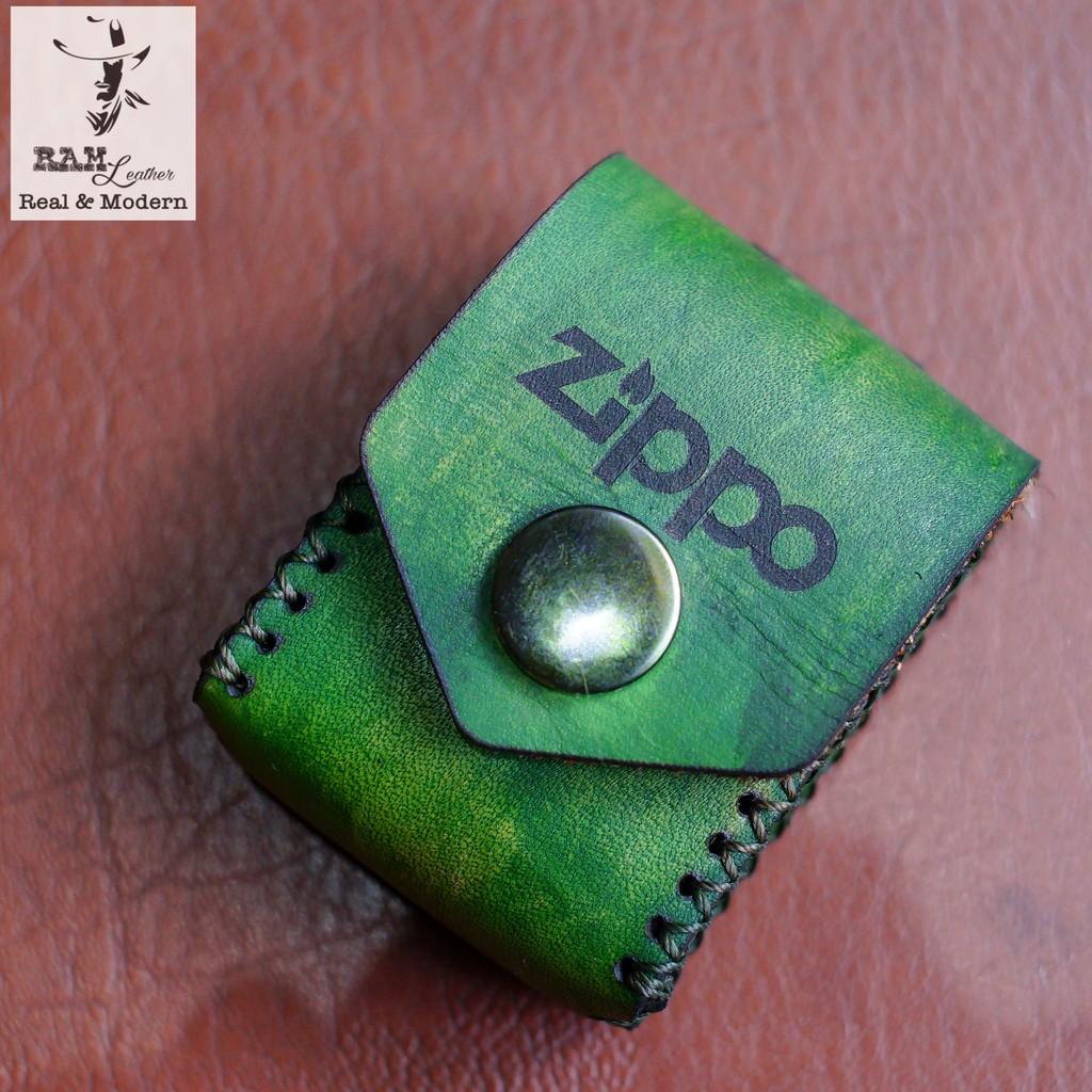 Túi Đựng Zippo Da Bò Thật Handmade Bền Chắc Cao Cấp - Ram Leather - Vegtan Xanh Lá