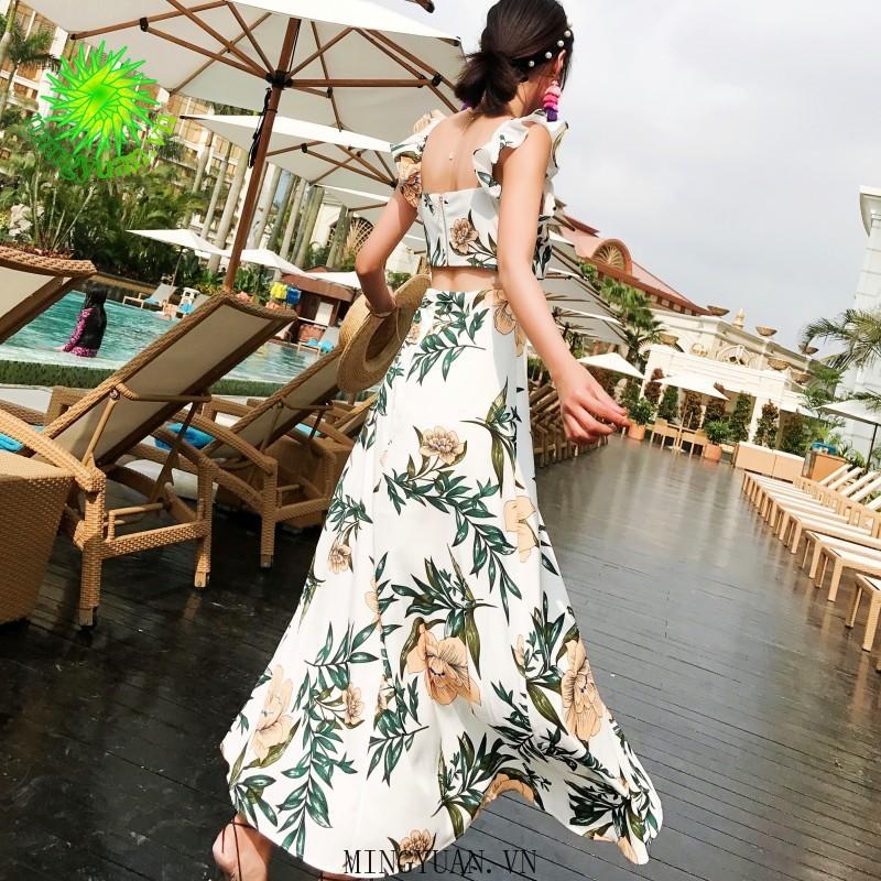 Đầm Hoa Hai Dây Hở Lưng Đi Biển Cho Nữ