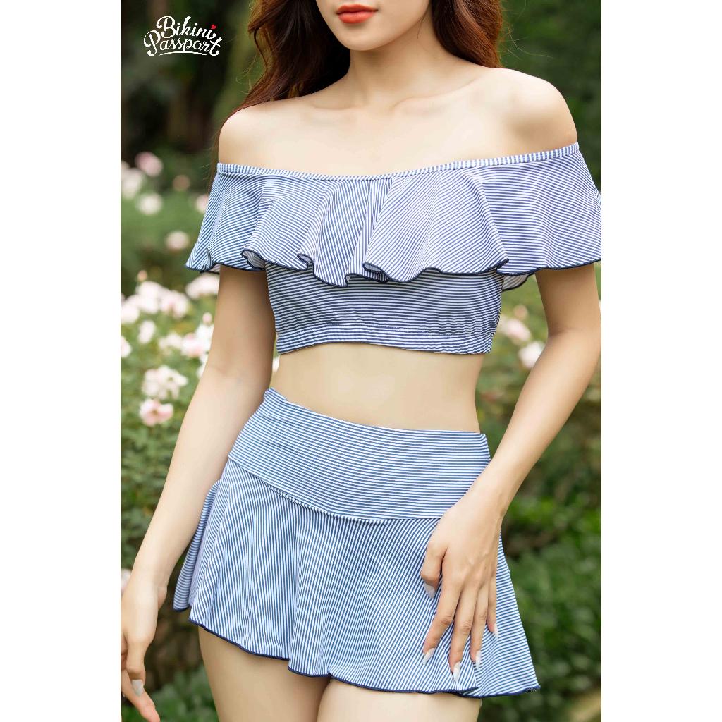 Đồ bơi Nữ BIKINI PASSPORT kiểu Hai mảnh váy, vai áo bèo - màu Kẻ xanh - BS299_KX